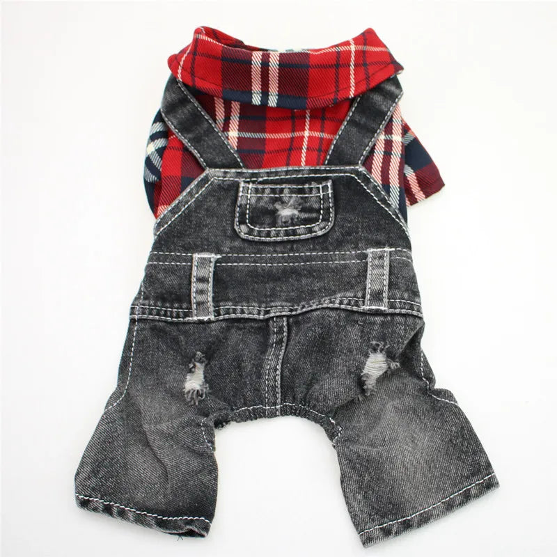 Denim Plaid Dog Hoodie Jumpsuit