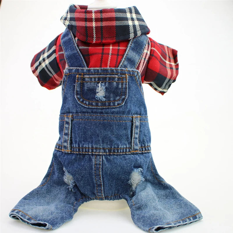 Denim Plaid Dog Hoodie Jumpsuit