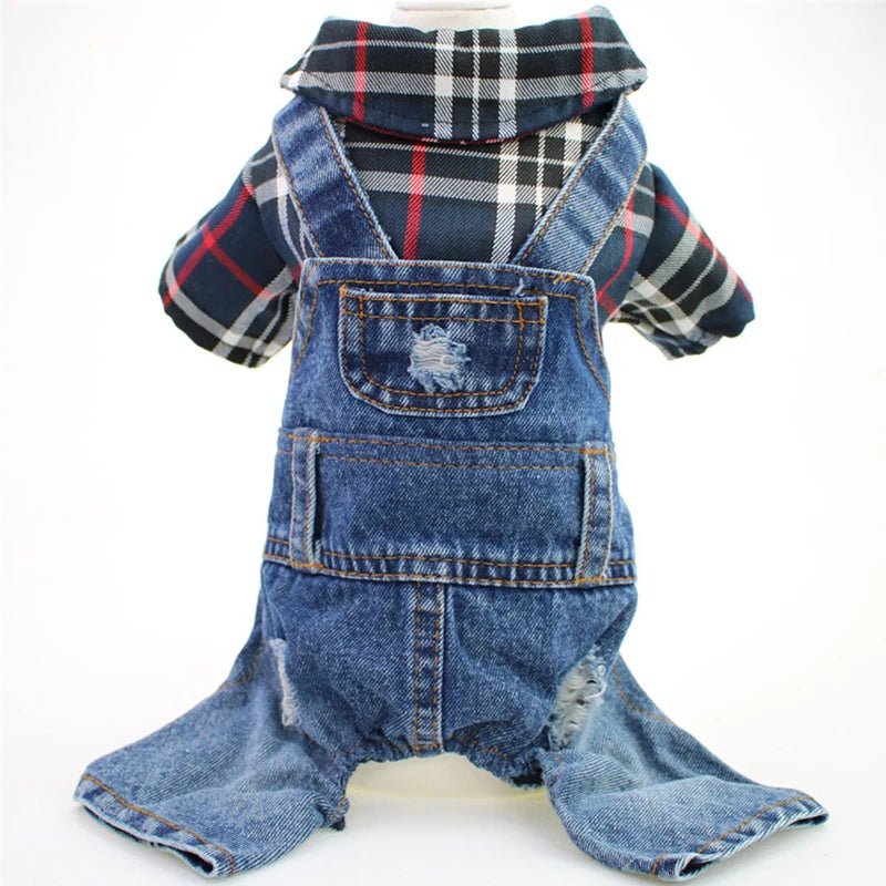 Denim Plaid Dog Hoodie Jumpsuit