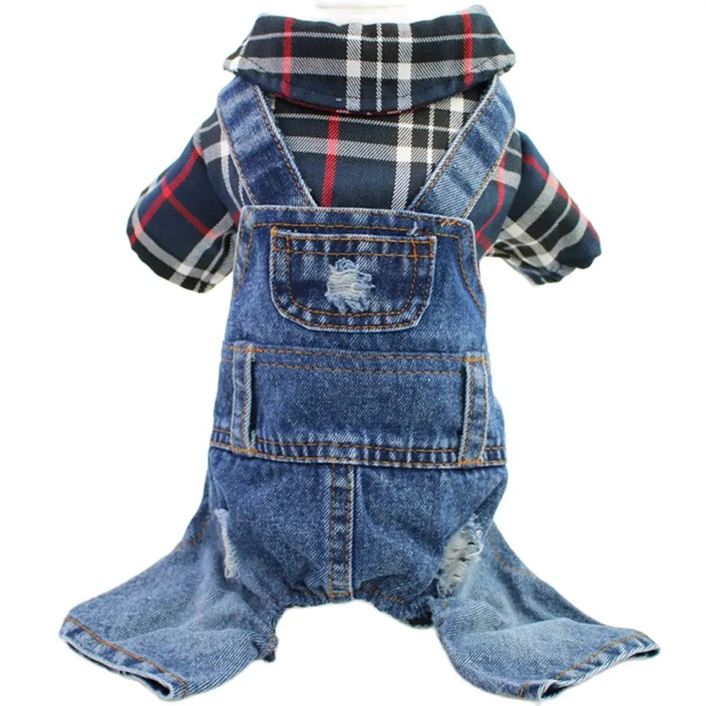 Denim Plaid Dog Hoodie Jumpsuit